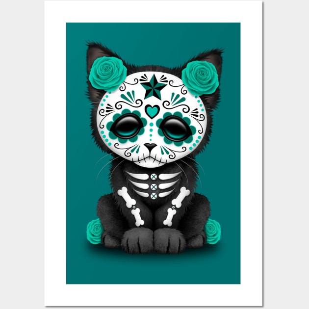 Cute Teal Blue Day of the Dead Kitten Cat Wall Art by jeffbartels